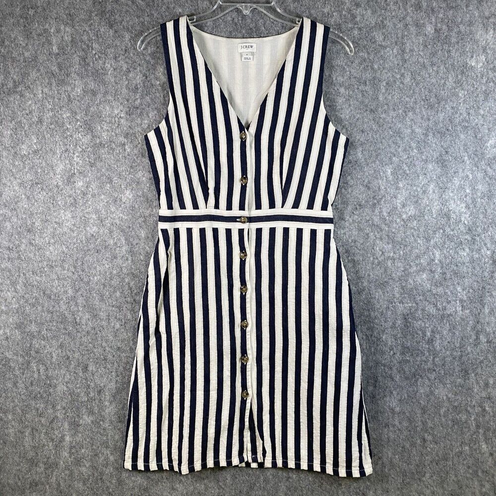 J. Crew Striped Sleeveless V-Neck Button-Up Shift Dress Nautical Coastal Blue 4